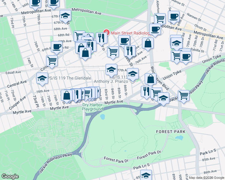 map of restaurants, bars, coffee shops, grocery stores, and more near 78-57 84th Street in Queens