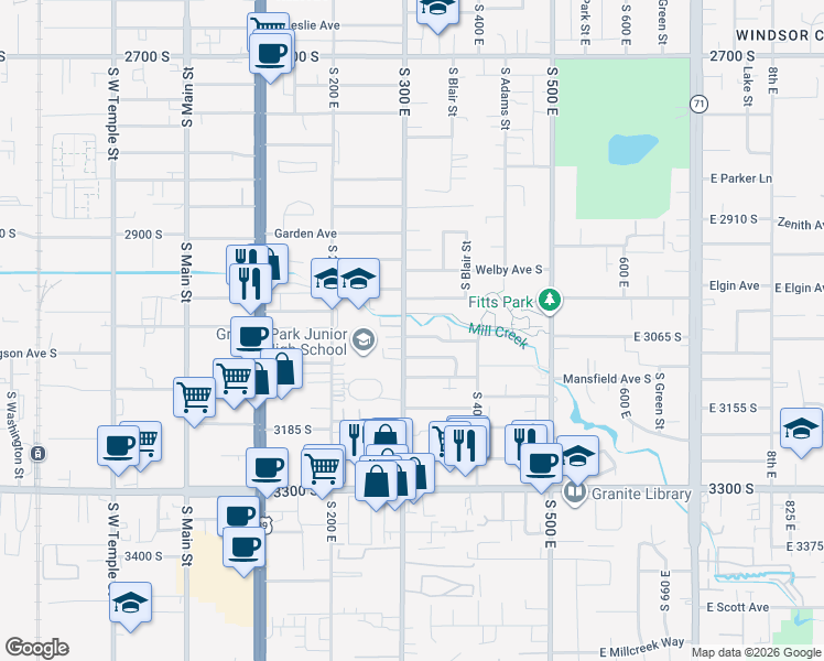 map of restaurants, bars, coffee shops, grocery stores, and more near 309 Park Creeke Lane in South Salt Lake