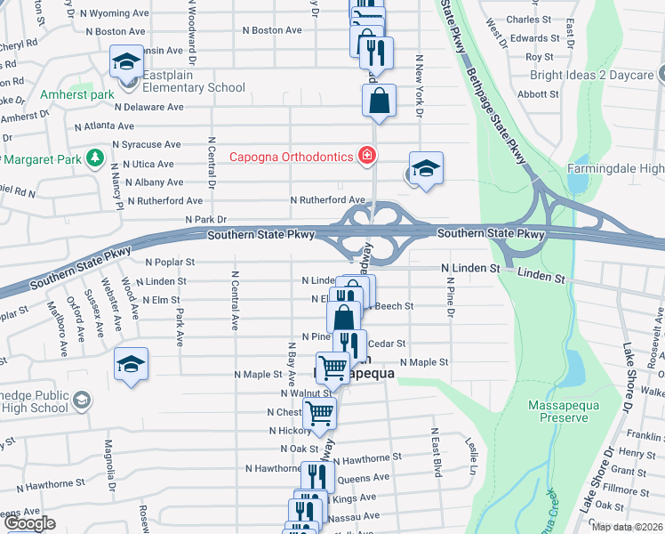 map of restaurants, bars, coffee shops, grocery stores, and more near 208 North Poplar Street in Massapequa