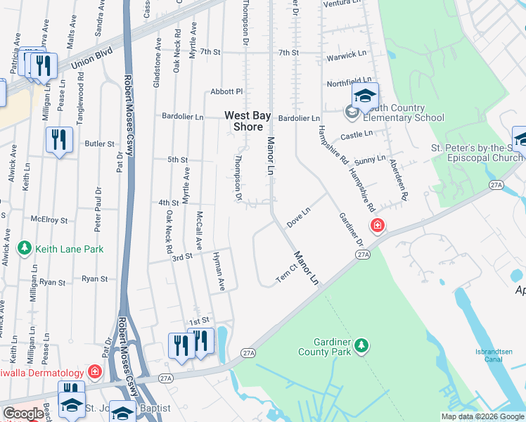 map of restaurants, bars, coffee shops, grocery stores, and more near 52 Tern Court in Bay Shore