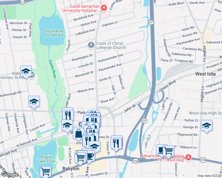 map of restaurants, bars, coffee shops, grocery stores, and more near 40 Ellen Avenue in Babylon