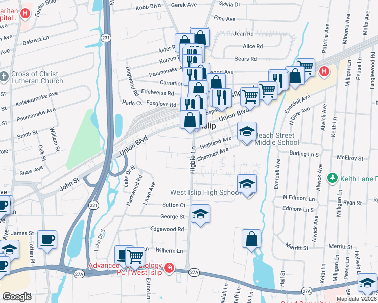 map of restaurants, bars, coffee shops, grocery stores, and more near 136 Higbie Lane in West Islip
