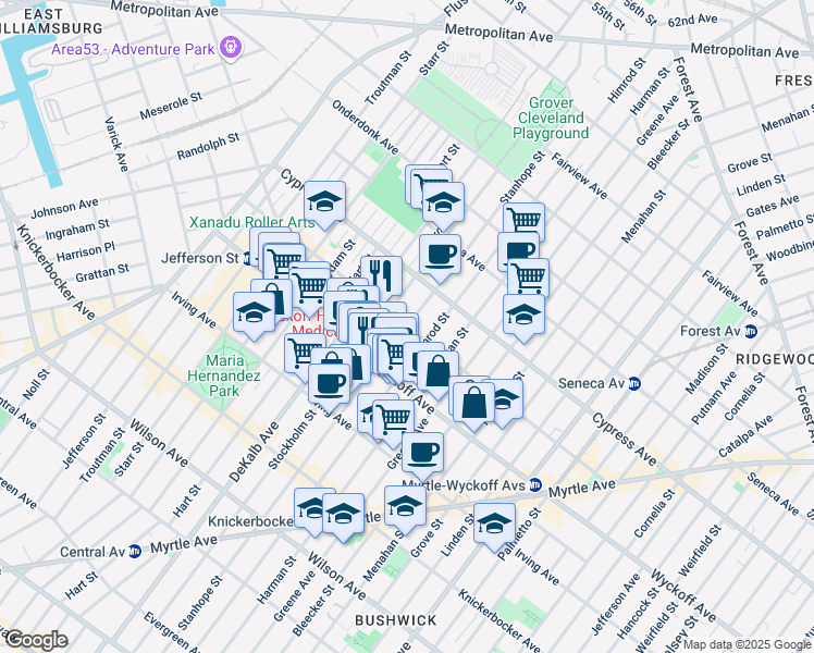map of restaurants, bars, coffee shops, grocery stores, and more near Stanhope St & St Nicholas Ave in Brooklyn
