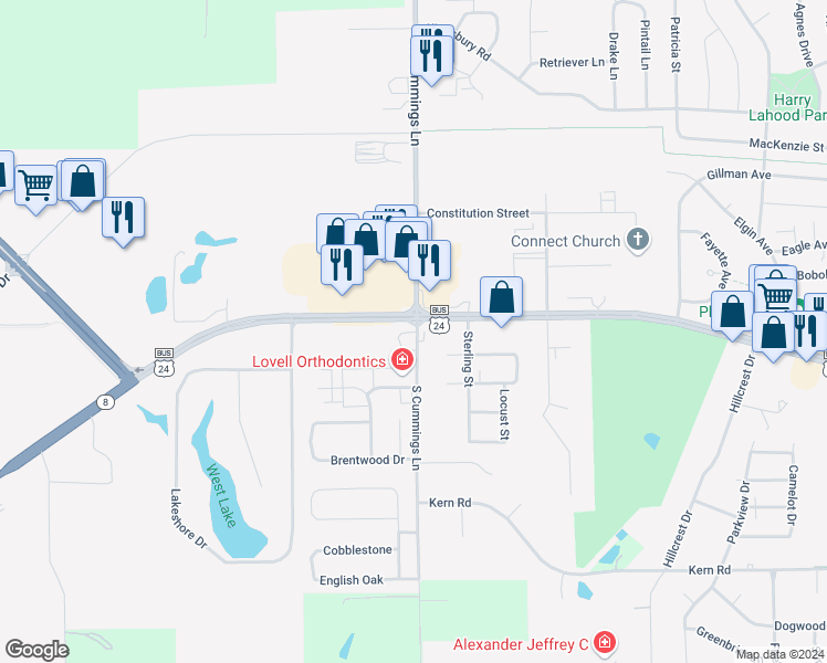 map of restaurants, bars, coffee shops, grocery stores, and more near 100 S Cummings Ln in Washington