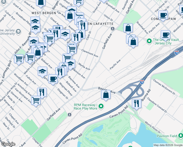map of restaurants, bars, coffee shops, grocery stores, and more near 65 Commercial Street in Jersey City