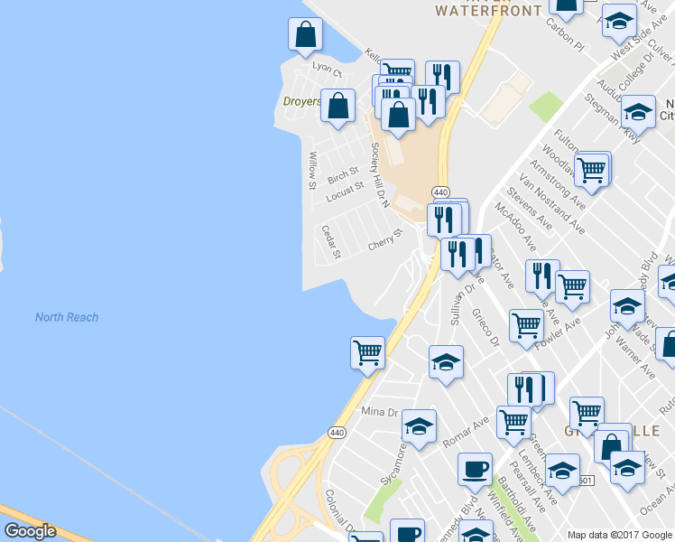 map of restaurants, bars, coffee shops, grocery stores, and more near 110 Cherry Street in Jersey City