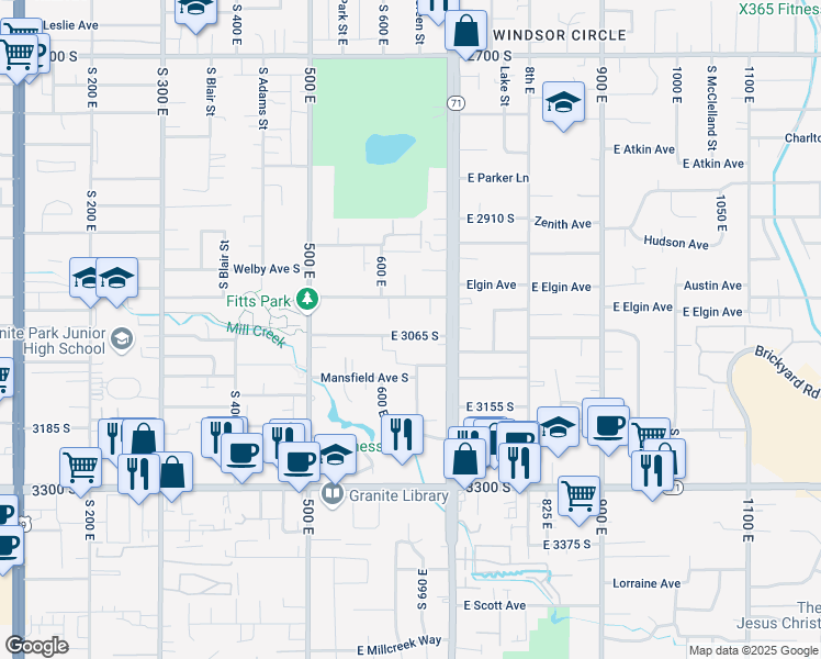 map of restaurants, bars, coffee shops, grocery stores, and more near 647 East 3065 South in South Salt Lake