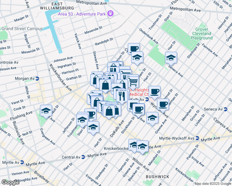 map of restaurants, bars, coffee shops, grocery stores, and more near 92 Irving Avenue in Brooklyn