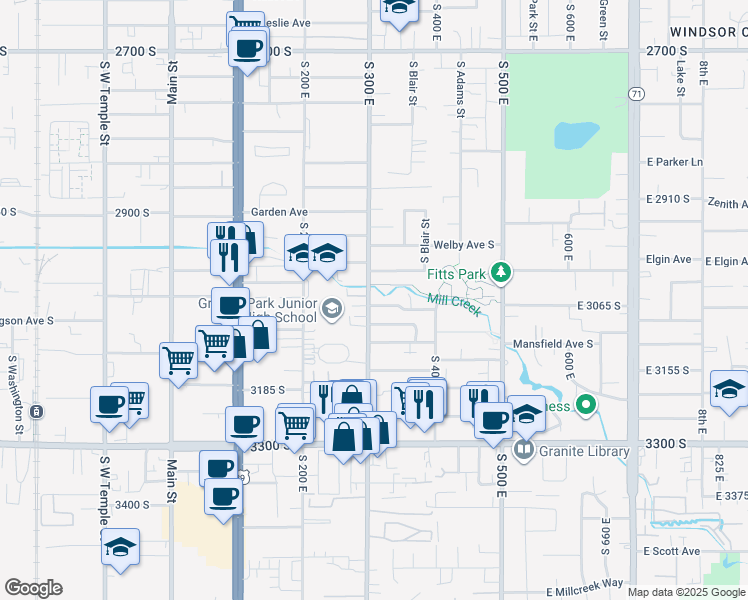 map of restaurants, bars, coffee shops, grocery stores, and more near 305 Park Creeke Lane in South Salt Lake