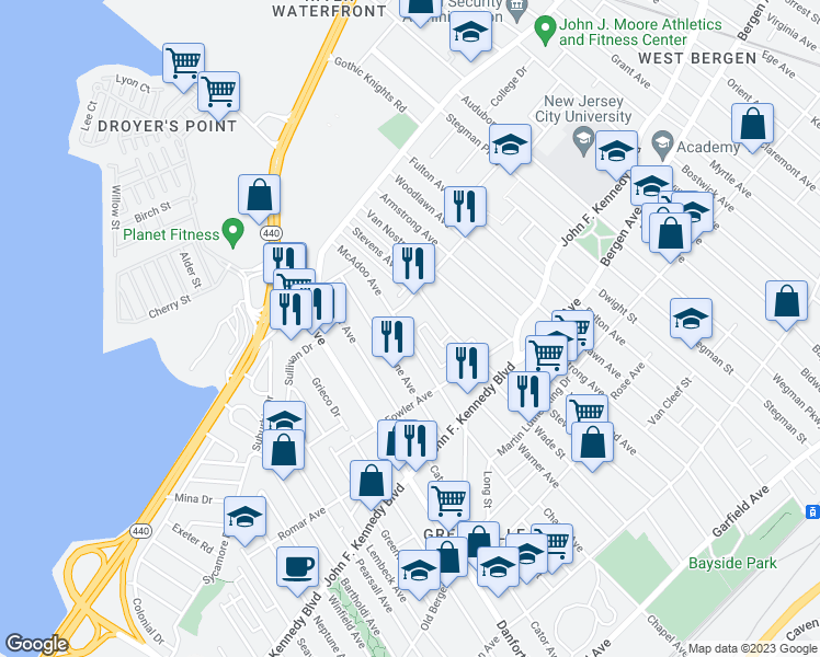 map of restaurants, bars, coffee shops, grocery stores, and more near 150 McAdoo Avenue in Jersey City