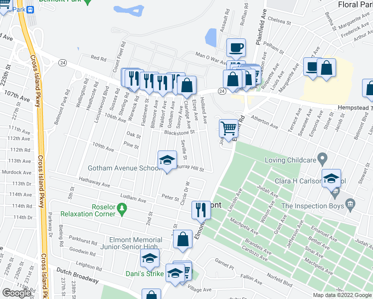 map of restaurants, bars, coffee shops, grocery stores, and more near 142 Claridge Avenue in Elmont