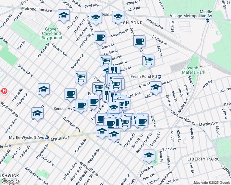 map of restaurants, bars, coffee shops, grocery stores, and more near in Queens