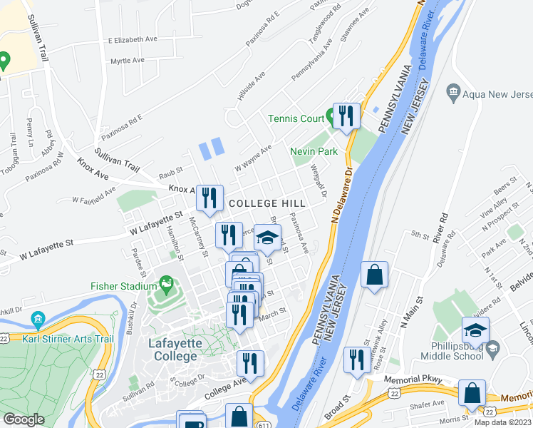 map of restaurants, bars, coffee shops, grocery stores, and more near 610 Brodhead Street in Easton