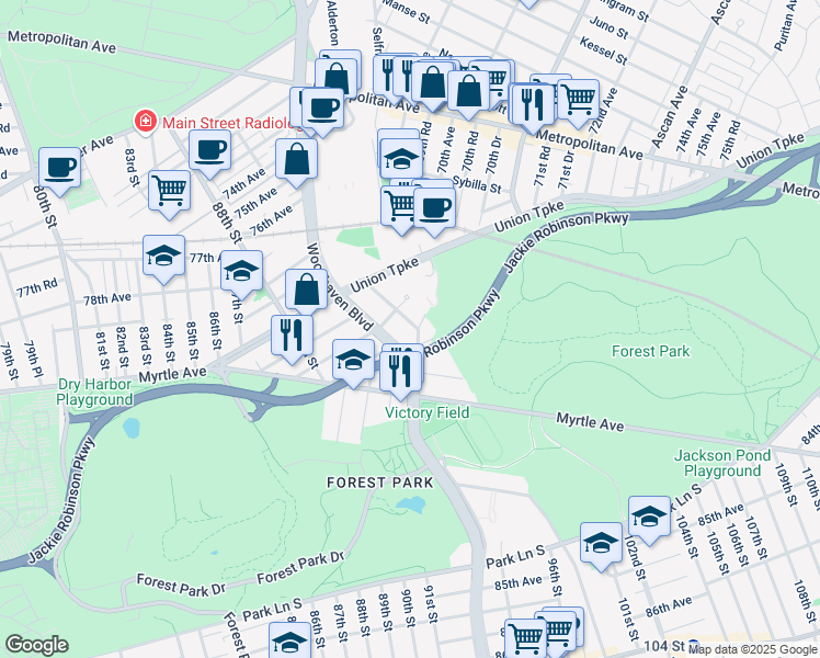 map of restaurants, bars, coffee shops, grocery stores, and more near 81-20 Margaret Place in Queens