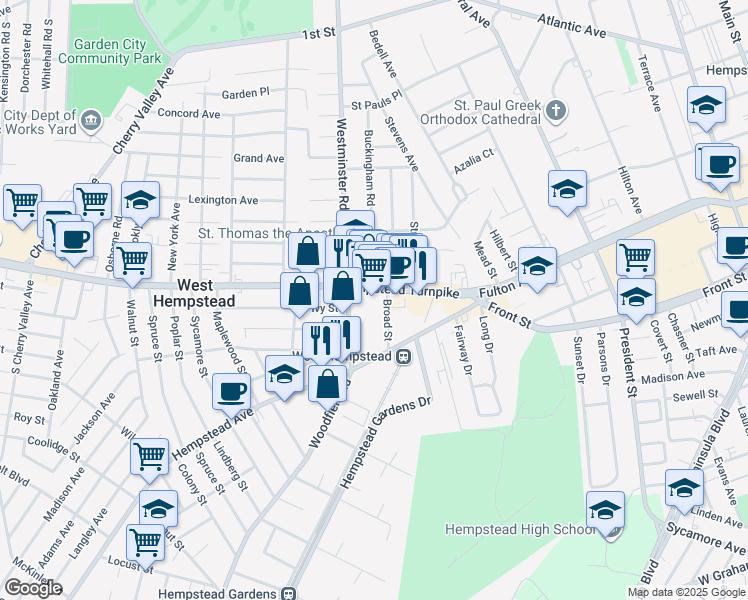 map of restaurants, bars, coffee shops, grocery stores, and more near 111 Hempstead Turnpike in West Hempstead