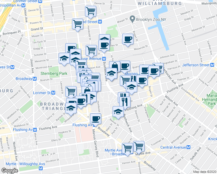 map of restaurants, bars, coffee shops, grocery stores, and more near Bushwick Ave & Seigel St in Brooklyn