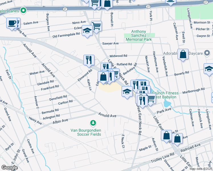 map of restaurants, bars, coffee shops, grocery stores, and more near 40 New York 109 in West Babylon