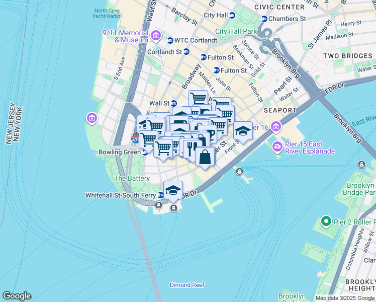 map of restaurants, bars, coffee shops, grocery stores, and more near 14 South William Street in New York