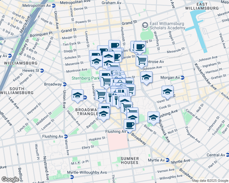 map of restaurants, bars, coffee shops, grocery stores, and more near 69 Moore Street in Brooklyn
