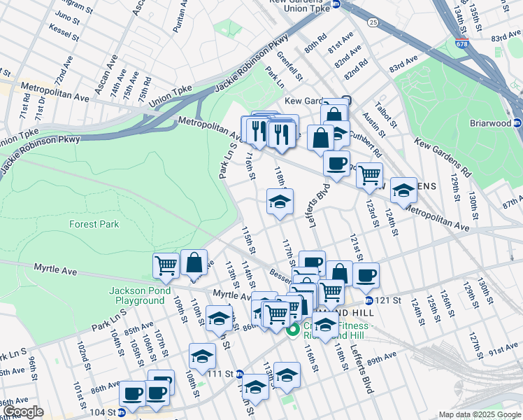 map of restaurants, bars, coffee shops, grocery stores, and more near 8386 116th Street in Queens
