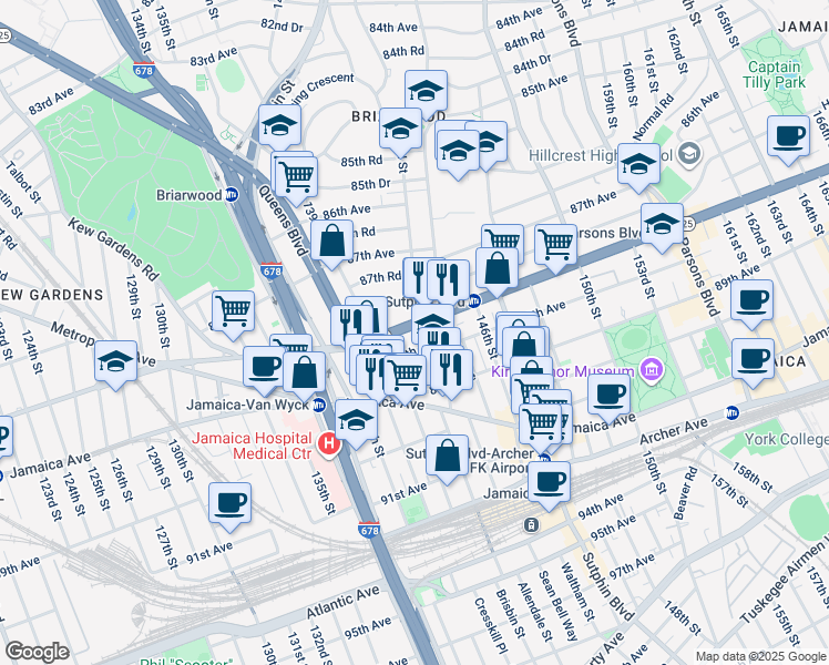 map of restaurants, bars, coffee shops, grocery stores, and more near 139-09 88th Avenue in Queens