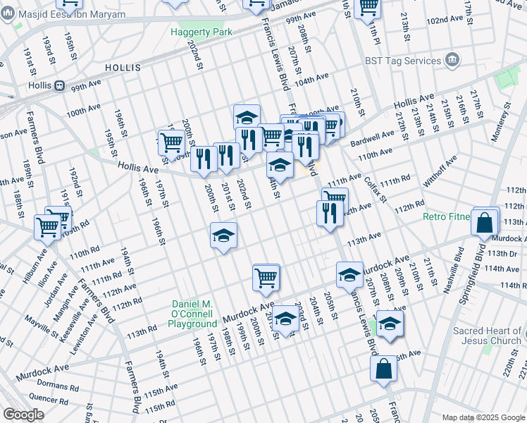 map of restaurants, bars, coffee shops, grocery stores, and more near 111-2 203rd Street in Queens