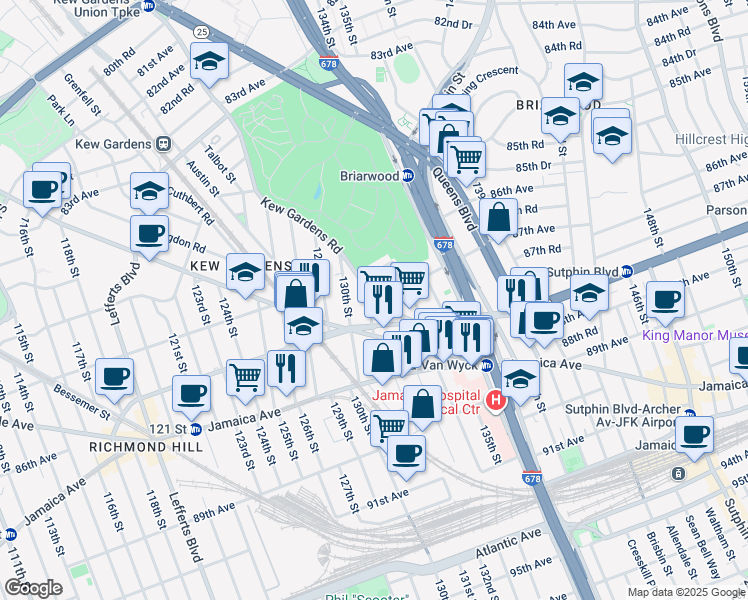 map of restaurants, bars, coffee shops, grocery stores, and more near 134-80 Kew Gardens Road in Queens