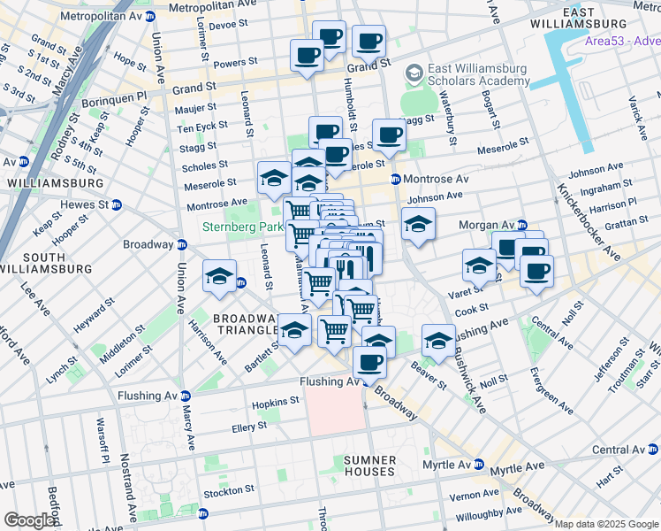 map of restaurants, bars, coffee shops, grocery stores, and more near 69 Moore Street in Brooklyn