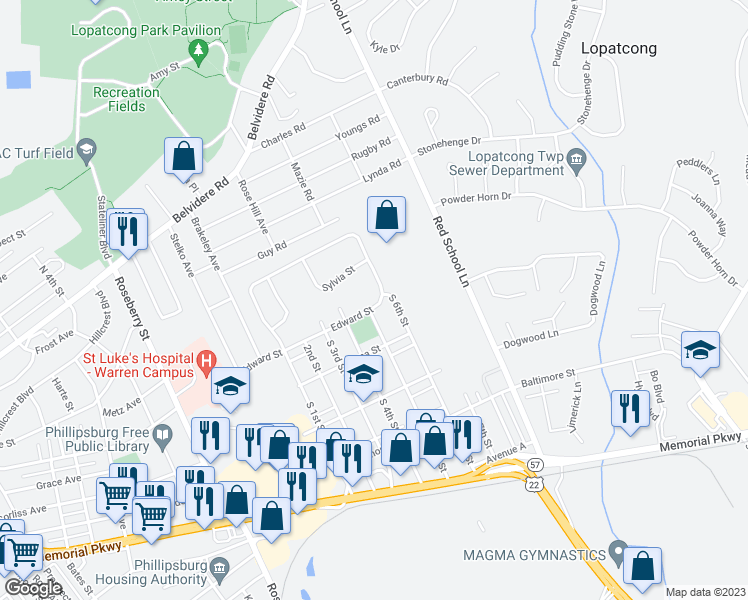 map of restaurants, bars, coffee shops, grocery stores, and more near 418 Edward Street in Phillipsburg