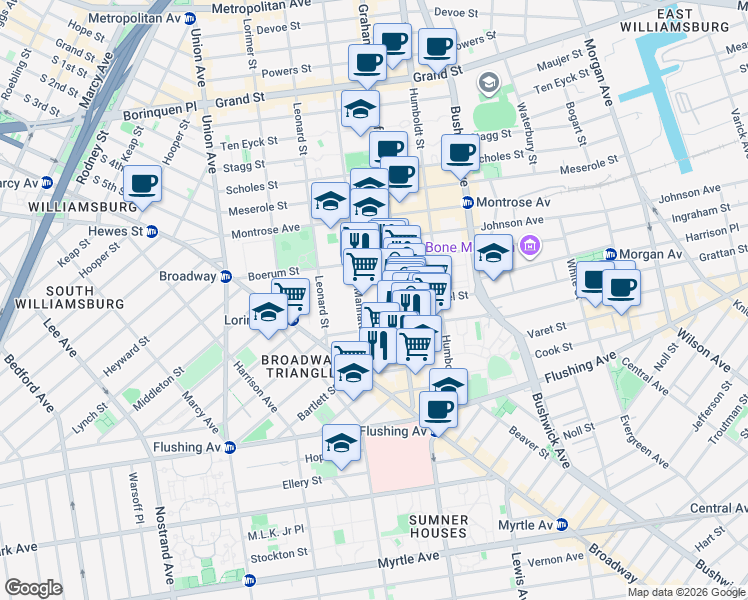 map of restaurants, bars, coffee shops, grocery stores, and more near 83 Seigel Street in Brooklyn