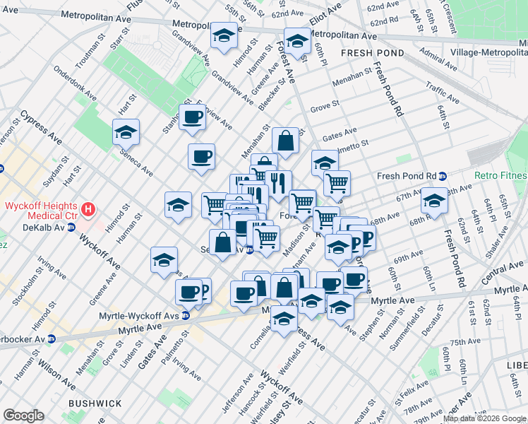 map of restaurants, bars, coffee shops, grocery stores, and more near 1872 Gates Avenue in Queens