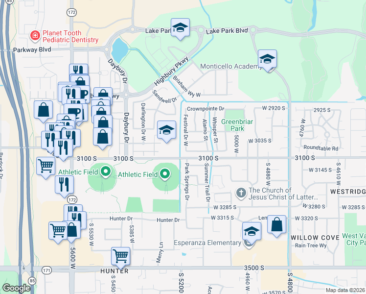 map of restaurants, bars, coffee shops, grocery stores, and more near 3108 Park Springs Drive in West Valley City