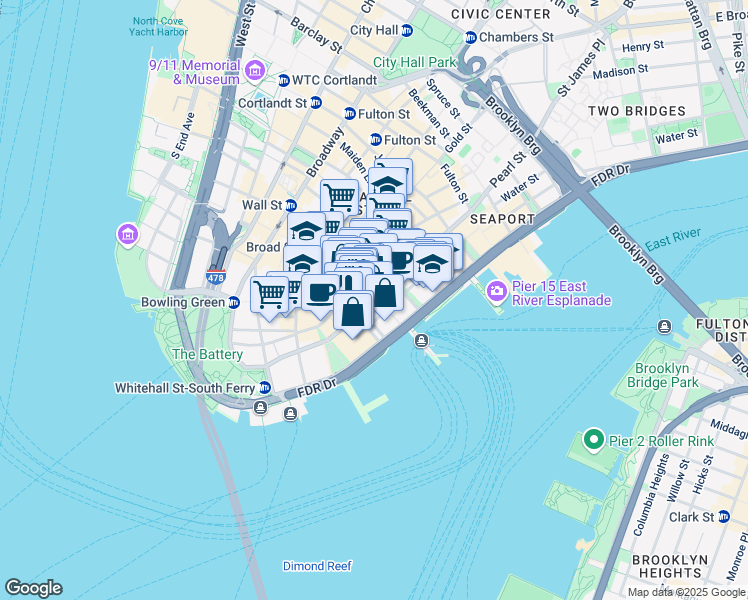 map of restaurants, bars, coffee shops, grocery stores, and more near 100 Water Street in New York