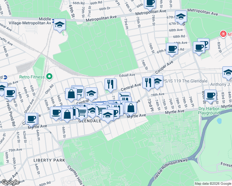map of restaurants, bars, coffee shops, grocery stores, and more near 71-20 71st Street in Queens