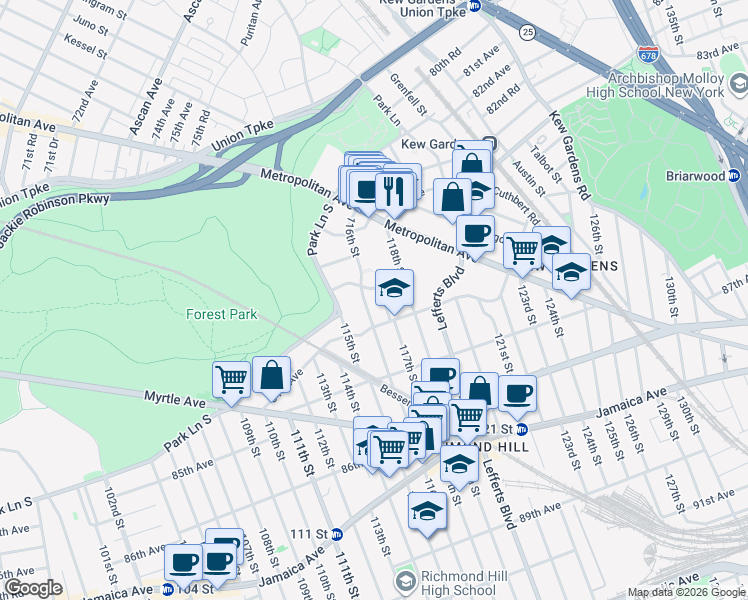 map of restaurants, bars, coffee shops, grocery stores, and more near 83-71 116th Street in Queens