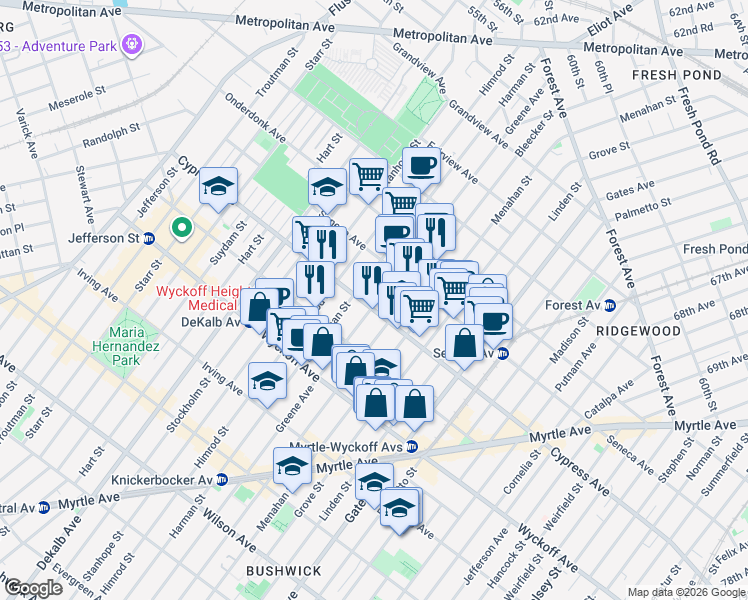 map of restaurants, bars, coffee shops, grocery stores, and more near 236 Cypress Avenue in Brooklyn
