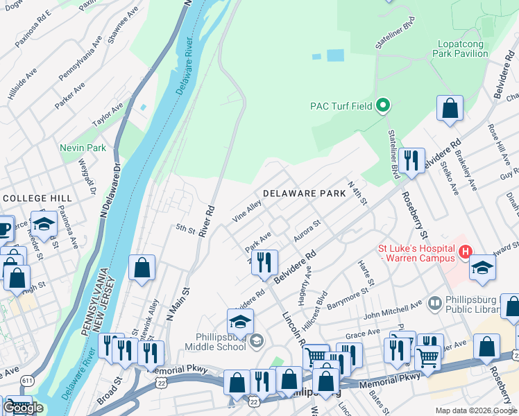 map of restaurants, bars, coffee shops, grocery stores, and more near 1 Park Square in Phillipsburg