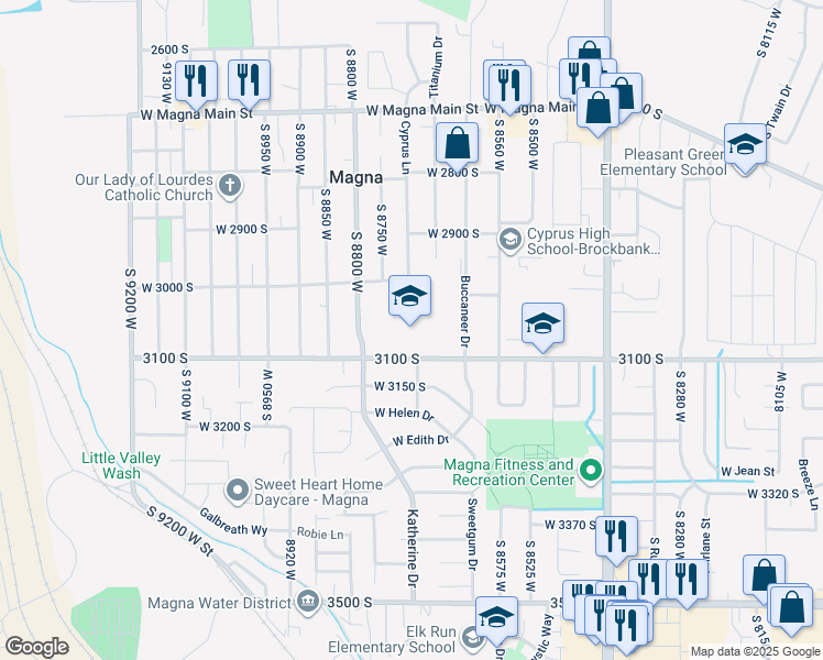 map of restaurants, bars, coffee shops, grocery stores, and more near 8623 West 3000 South in Magna