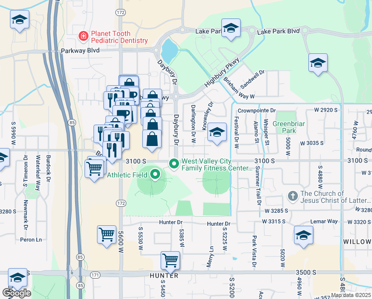 map of restaurants, bars, coffee shops, grocery stores, and more near 3057 Finsbury Lane in West Valley City