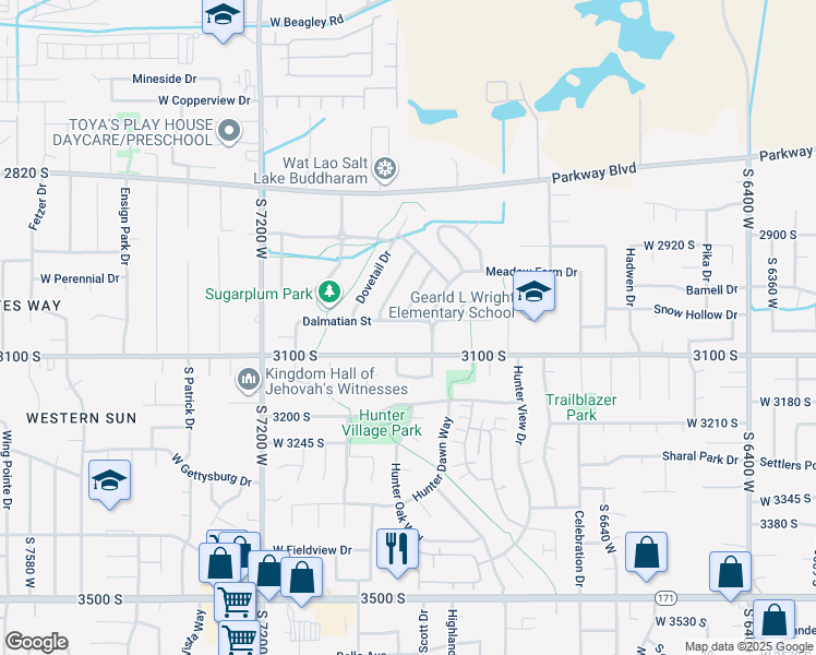map of restaurants, bars, coffee shops, grocery stores, and more near 6963 Dalmatian Street in West Valley City