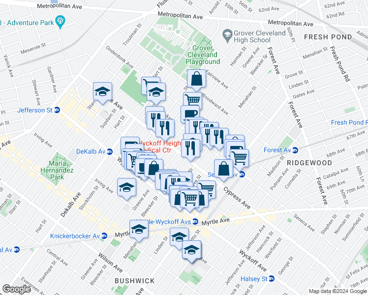 map of restaurants, bars, coffee shops, grocery stores, and more near 17-22 Greene Avenue in Queens