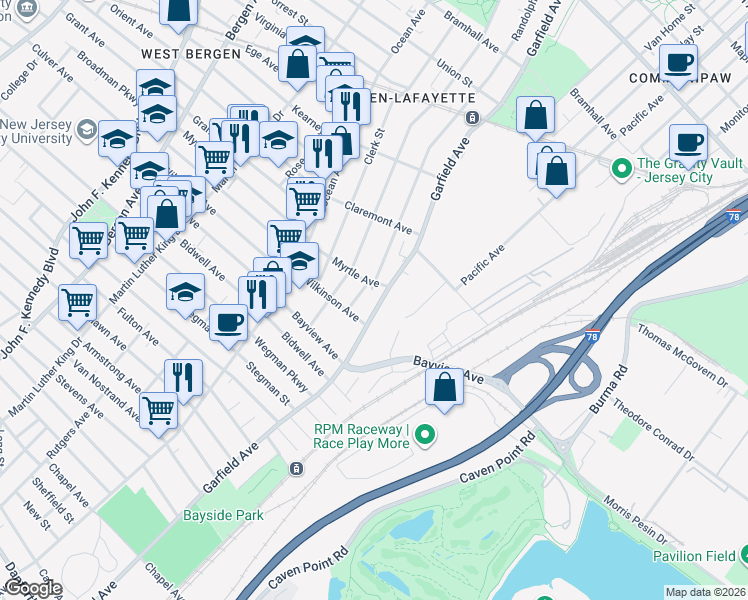 map of restaurants, bars, coffee shops, grocery stores, and more near 12 Wilkinson Avenue in Jersey City