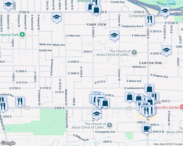 map of restaurants, bars, coffee shops, grocery stores, and more near 2012 Bell Tower Lane South in Salt Lake City