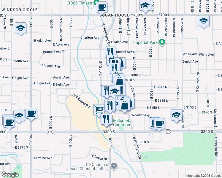 map of restaurants, bars, coffee shops, grocery stores, and more near 1315 Gunn Avenue in Salt Lake City
