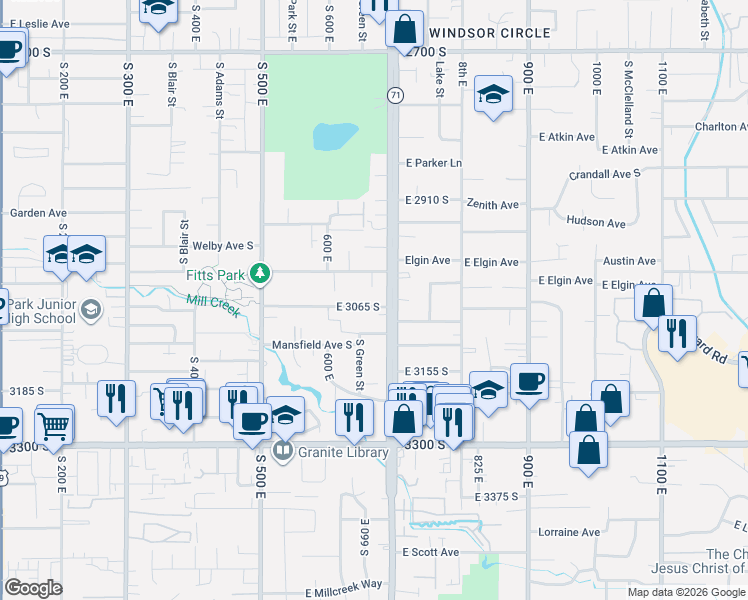 map of restaurants, bars, coffee shops, grocery stores, and more near 3080 South 700 East in South Salt Lake