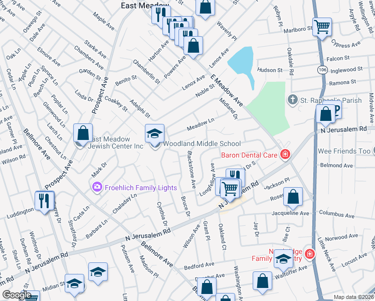 map of restaurants, bars, coffee shops, grocery stores, and more near 716 Blackstone Avenue in East Meadow