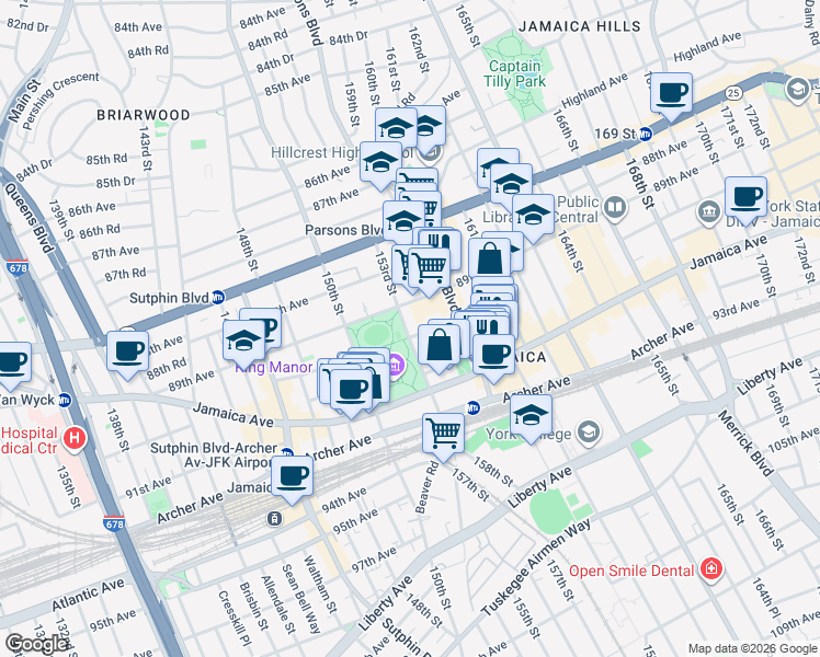 map of restaurants, bars, coffee shops, grocery stores, and more near 90-05 153rd Street in Queens