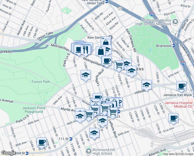map of restaurants, bars, coffee shops, grocery stores, and more near in Queens