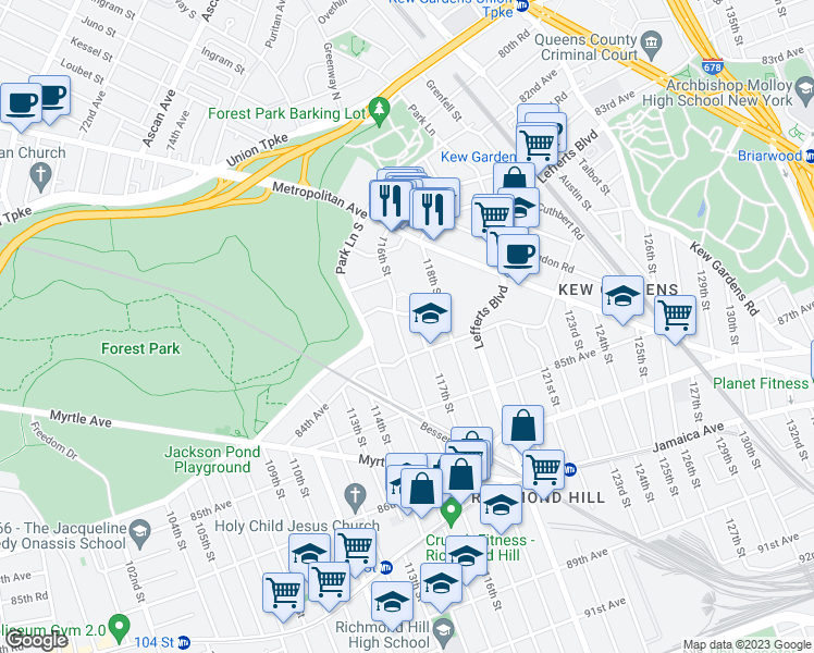 map of restaurants, bars, coffee shops, grocery stores, and more near 8386 116th Street in Queens