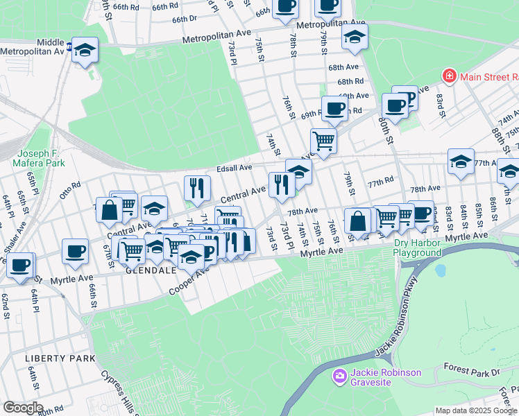 map of restaurants, bars, coffee shops, grocery stores, and more near 71-43 72nd Place in Queens